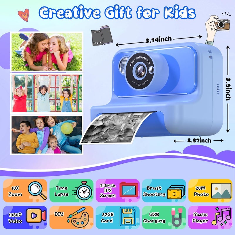 Gofunly Kids Camera Instant Print, Christmas Birthday Gifts for Girls and Boys, Kids Camera with 32GB Card, Toddler Toy Camera for 3-12 Years Old, Blue - Image 2